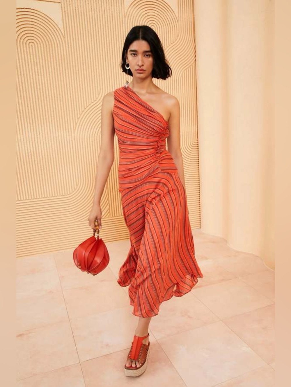 Ulla Johnson Fiori Dress in Porto Cotton Stripe One Shoulder Orange Red Sz 10